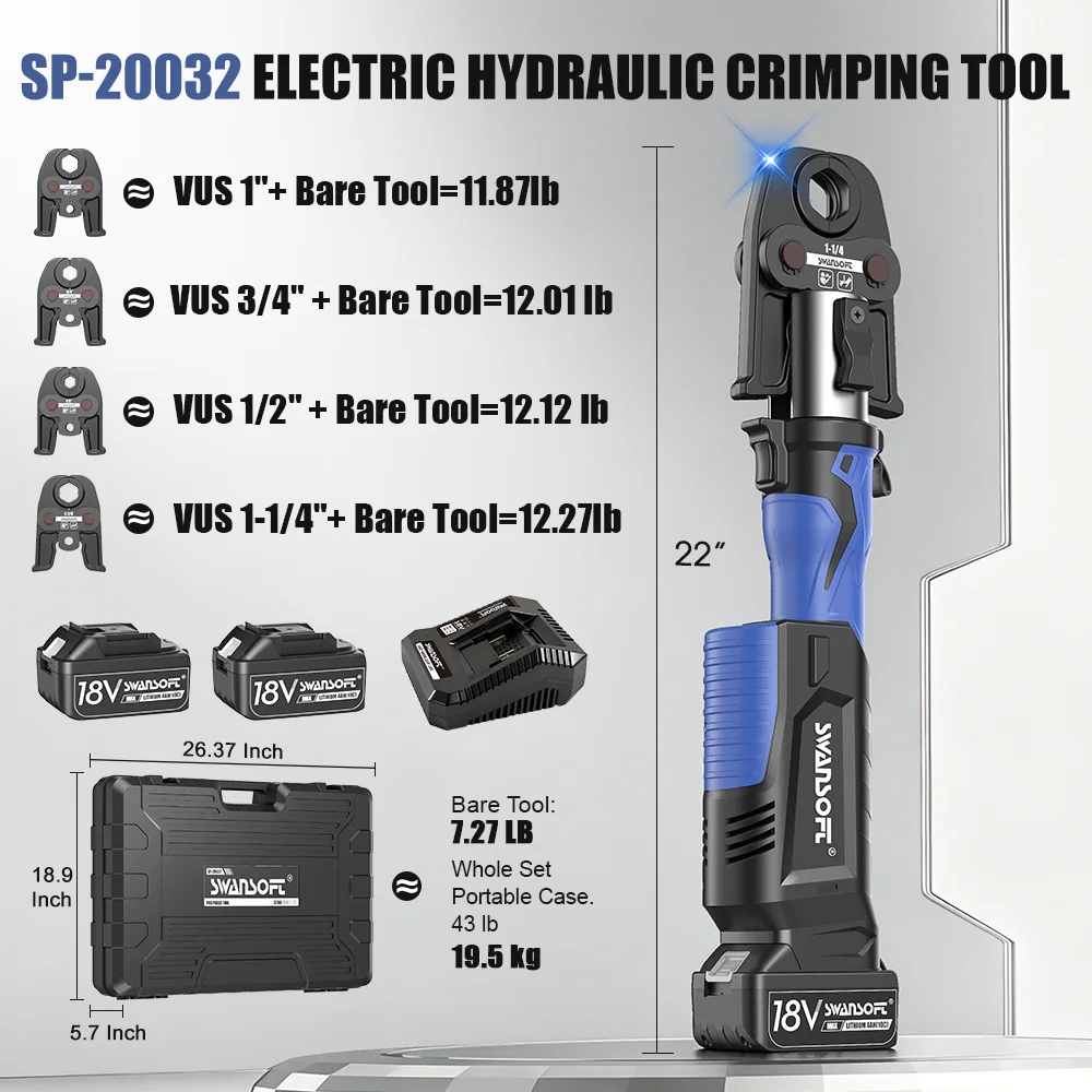 SWANSOFT SP-20032 Electric Hydraulic Pipe Press Pliers with V/U/TH Contour Cordless Pipe Press Tool Set with 4 US Standard Jaws 1/2", 3/4'', 1"
SWANSOFT SP-20032 Electric Hydraulic Pipe Press Pliers with V/U/TH Contour Cordless Pipe Press Tool Set with 4 US Standard Jaws 1/2", 3/4'', 1"