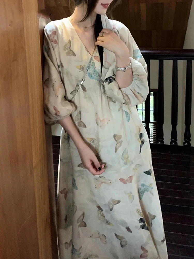 Autumn Retro Fashion Lantern Sleeve Casual Women's Dresses Printed V-neck Maxi Dresses with Chinese Style The Basic Office Lady
Autumn Retro Fashion Lantern Sleeve Casual Women's Dresses Printed V-neck Maxi Dresses with Chinese Style The Basic Office Lady
