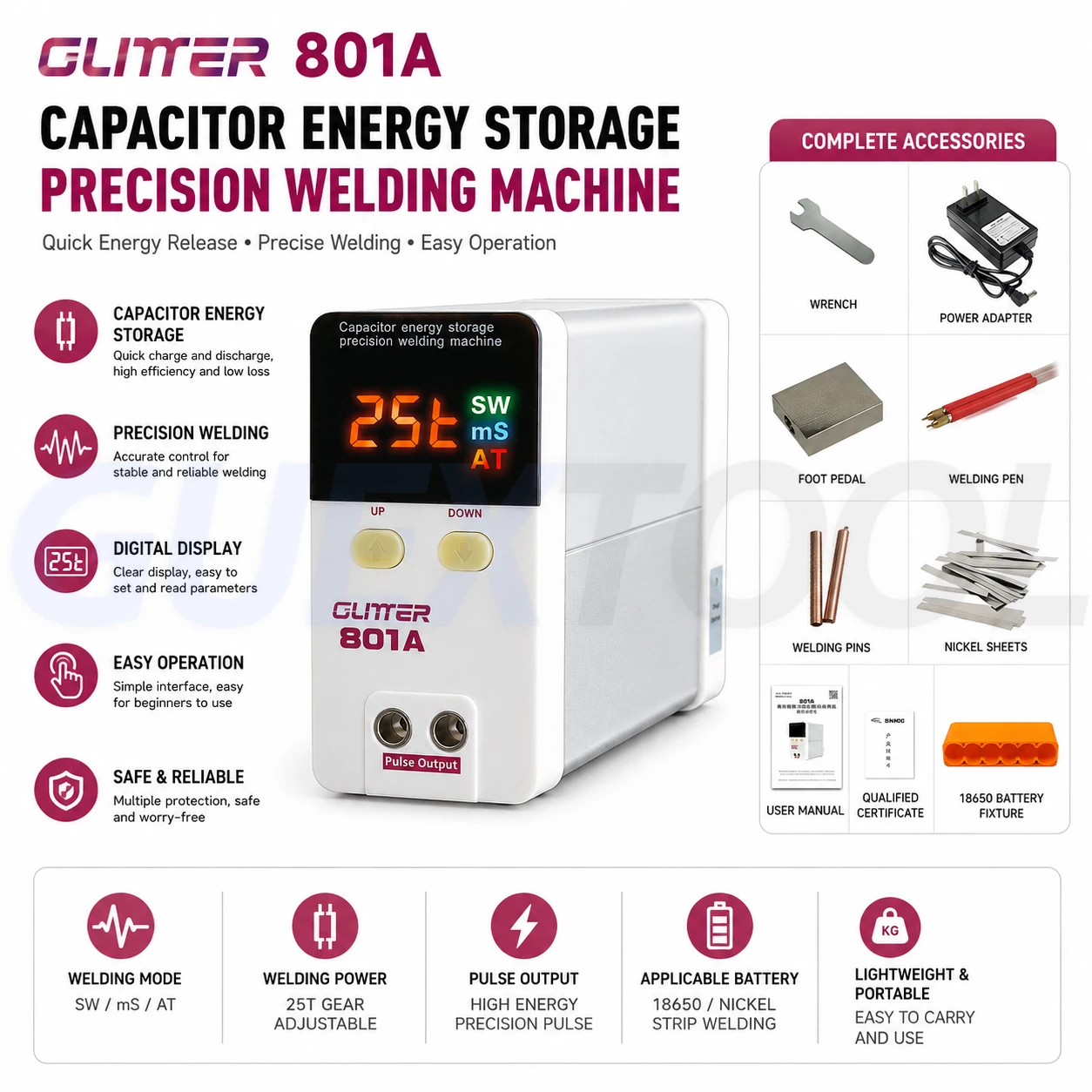 801A Spot Welder For 18650 Battery Spot Welding Storage Digital Display Storage Energy Pulse Spot Welding Machine 10.6KW
801A Spot Welder For 18650 Battery Spot Welding Storage Digital Display Storage Energy Pulse Spot Welding Machine 10.6KW