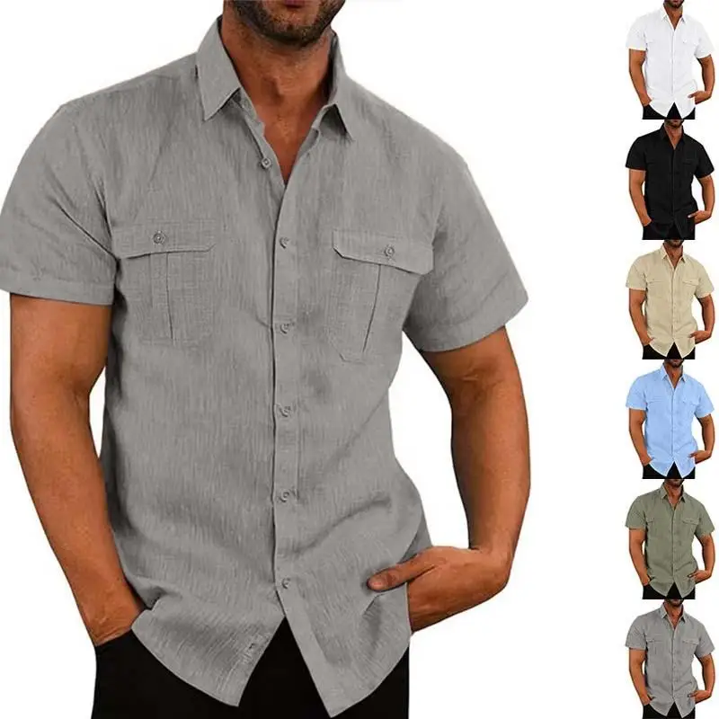 Loose Fit Men's Short Sleeve Linen Shirt Summer Casual Pure Color Patch Pocket Open Cardigan Collar Shirt Male Fashion
Loose Fit Men's Short Sleeve Linen Shirt Summer Casual Pure Color Patch Pocket Open Cardigan Collar Shirt Male Fashion