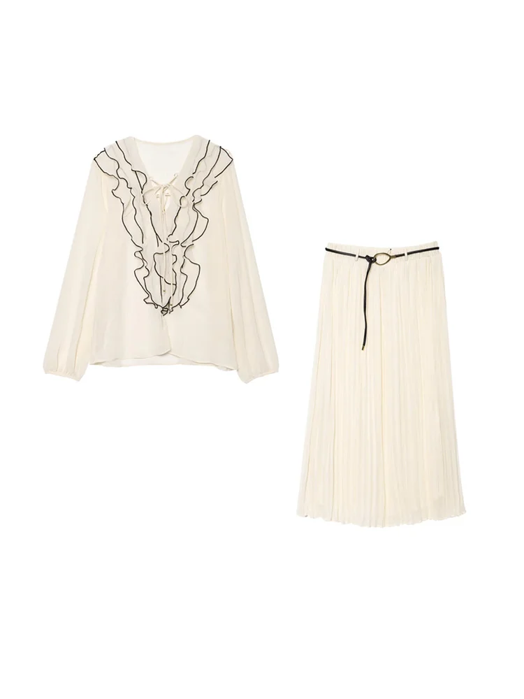 TRZA Women's Fashion Ruffles Semi-Sheer Blouse And Elastic Waist Skirt Set with Belt - Flowy Elegant Female Outfit
TRZA Women's Fashion Ruffles Semi-Sheer Blouse And Elastic Waist Skirt Set with Belt - Flowy Elegant Female Outfit