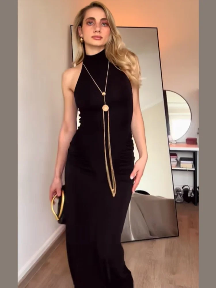 2025 Metal Chain Halter Maxi Dress Elegant Pleated Patchwork Sleeveless Off Shoulder Women Slim Dresses Evening Party Gowns
2025 Metal Chain Halter Maxi Dress Elegant Pleated Patchwork Sleeveless Off Shoulder Women Slim Dresses Evening Party Gowns