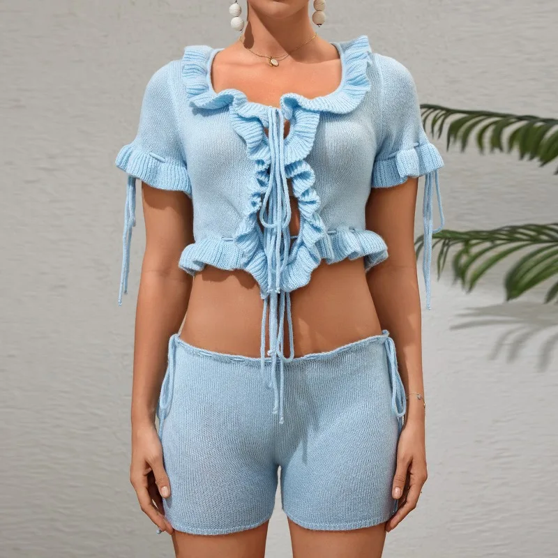 Tuularose Blue Ruffle Top Two Piece Sexy Tie Waistless Short Sleeve Top Set Elegant Beach Vacation Female Shorts Two Piece Set
Tuularose Blue Ruffle Top Two Piece Sexy Tie Waistless Short Sleeve Top Set Elegant Beach Vacation Female Shorts Two Piece Set