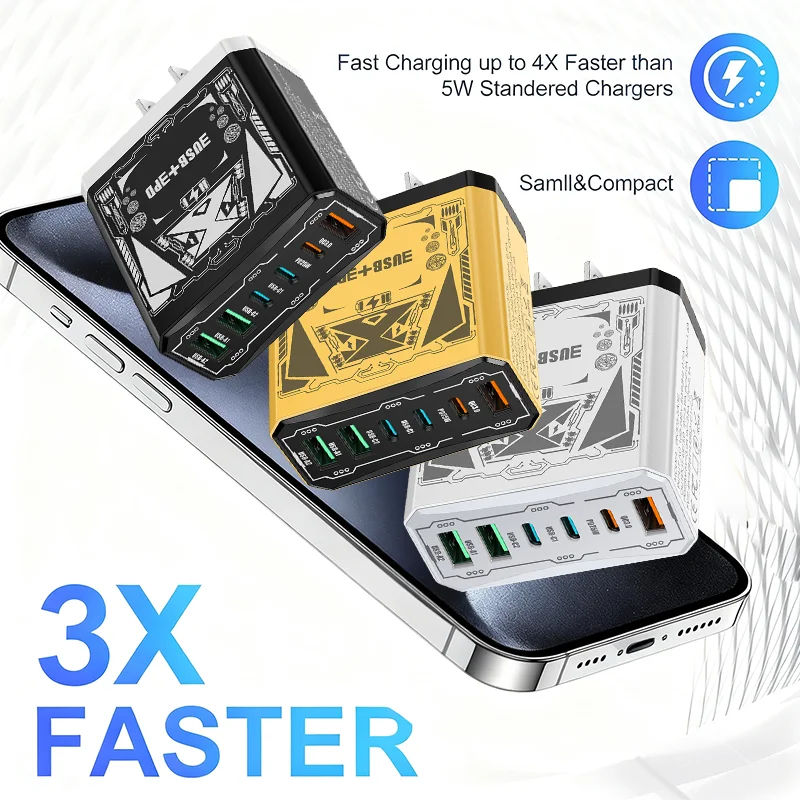 6-Port USB-C Fast Charging Adapter: PD 3.0 6-Port Wall Charger, featuring 3 USB-C ports and 3 USB-A QC charging ports; compatible with devices such as iPhone 17/16/15/14 Pro Max, iPad, Samsung Galaxy, Xiaomi, Huawei, and more.
6-Port USB-C Fast Charging Adapter: PD 3.0 6-Port Wall Charger, featuring 3 USB-C ports and 3 USB-A QC charging ports; compatible with devices such as iPhone 17/16/15/14 Pro Max, iPad, Samsung Galaxy, Xiaomi, Huawei, and more.