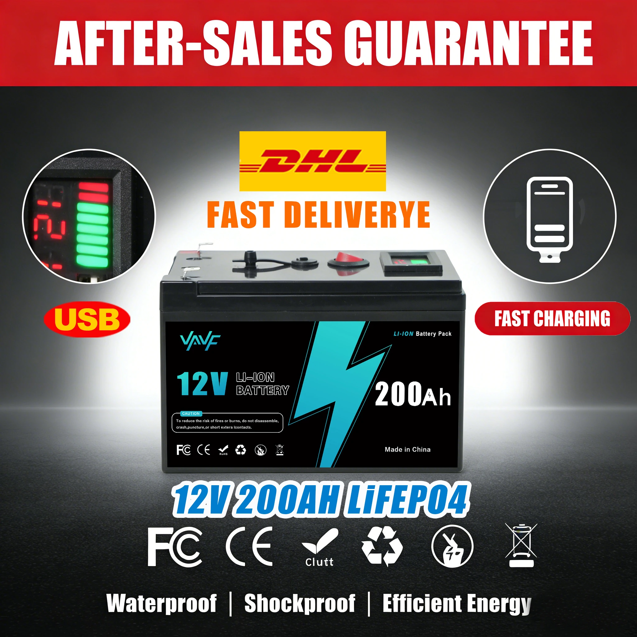 200AH️12vRechargeable Battery Lithium Iron Phosphate Battery with BMS for Reliable RV, Off-Grid, Marine&Solar Applications
200AH️12vRechargeable Battery Lithium Iron Phosphate Battery with BMS for Reliable RV, Off-Grid, Marine&Solar Applications