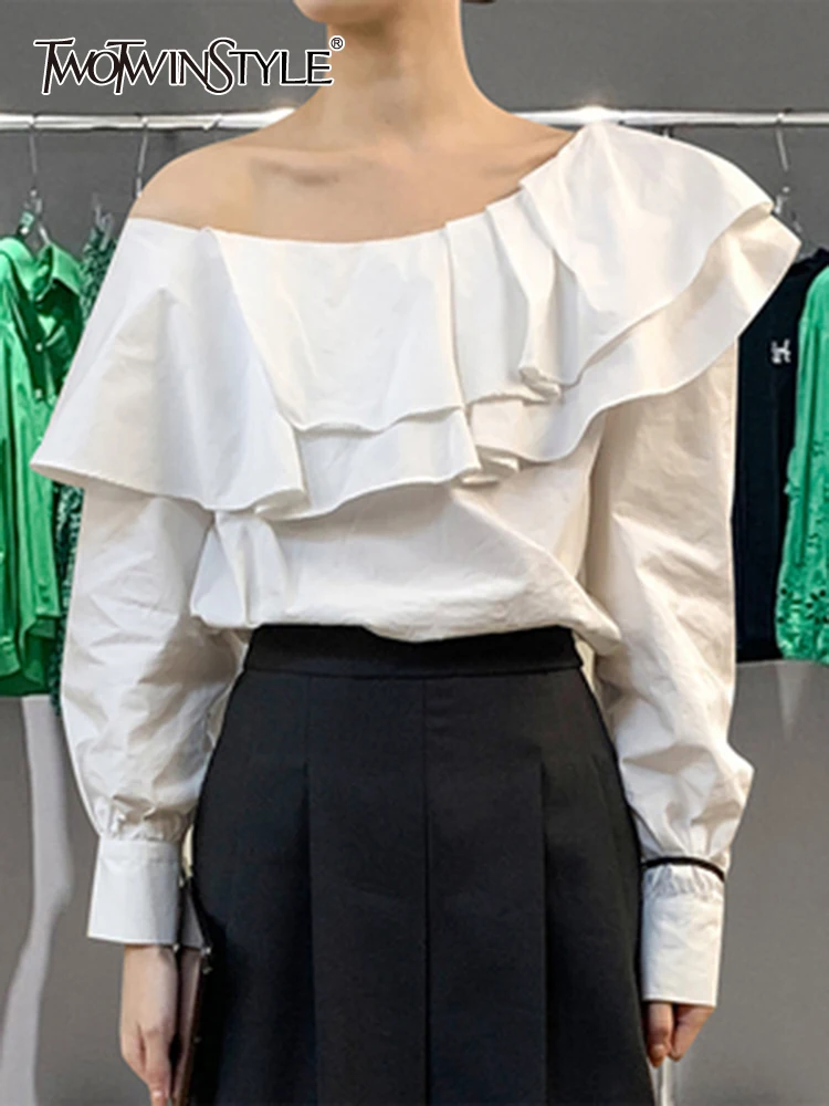 TWOTWINSTYLE Minimalist Ruffles Shirts For Women Skew Collar Long Sleeve Off Shoulder Summer Pullover Blouse Female Fashion New
TWOTWINSTYLE Minimalist Ruffles Shirts For Women Skew Collar Long Sleeve Off Shoulder Summer Pullover Blouse Female Fashion New