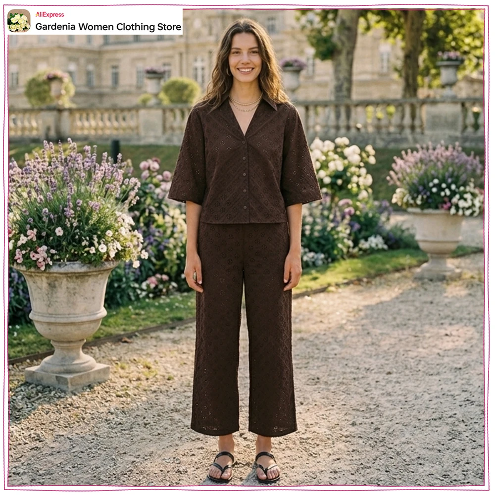 Relaxtion Eyelet Embroidered Pant Sets for Women Summer Brown V-Neck & Short Sleeves Shirt and Culottes with Openwork Embroidery
Relaxtion Eyelet Embroidered Pant Sets for Women Summer Brown V-Neck & Short Sleeves Shirt and Culottes with Openwork Embroidery