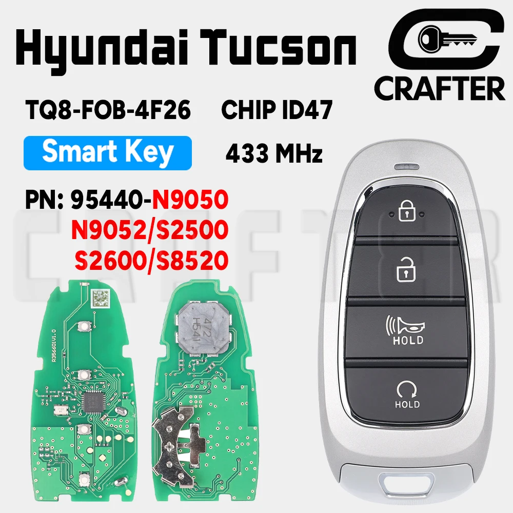 Ключ Crafters TQ8-FOB-4F26 ID47 433 МГц 4 кнопки умный автомобильный ключ для Hyundai Tucson 2020+ PN: 95440-N9050/N9052/S2500/S2600/S8520
Ключ Crafters TQ8-FOB-4F26 ID47 433 МГц 4 кнопки умный автомобильный ключ для Hyundai Tucson 2020+ PN: 95440-N9050/N9052/S2500/S2600/S8520