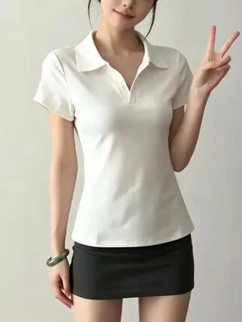 Straight-Shoulder Short-Sleeve Polo Shirt Slimming Cotton T-Shirt Women Summer Casual Sporty, Fitted Short-Sleeve Top, Women's T
Straight-Shoulder Short-Sleeve Polo Shirt Slimming Cotton T-Shirt Women Summer Casual Sporty, Fitted Short-Sleeve Top, Women's T