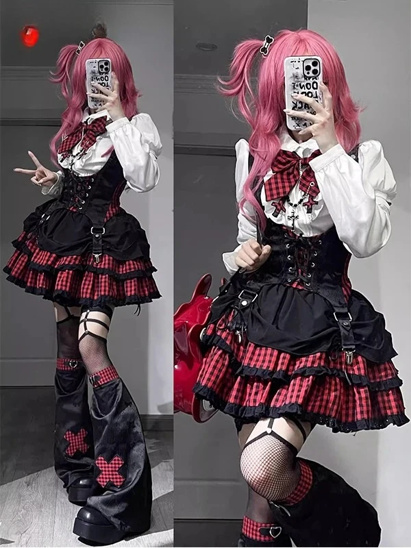 Gothic Sweet Cool Long-sleeved Shirt + Strap Skirt Leg Cover Waistcoat Set Subculture Y2k Singing Clothes Hot Girls Women's 2025
Gothic Sweet Cool Long-sleeved Shirt + Strap Skirt Leg Cover Waistcoat Set Subculture Y2k Singing Clothes Hot Girls Women's 2025