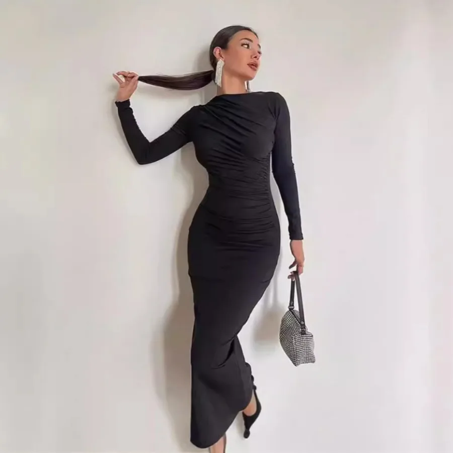【New style】New European and American spring and autumn figure-fit high-quality solid color temperament long bag hip split dres
【New style】New European and American spring and autumn figure-fit high-quality solid color temperament long bag hip split dres