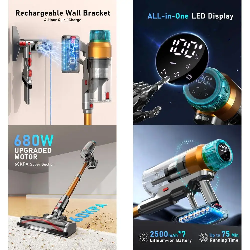 Мощный беспроводной пылесос 680 Вт, 60 кПа с временем работы 75 минут, защитой от запутывания, настенным креплением, идеально подходит для дома, домашних животных и V
Мощный беспроводной пылесос 680 Вт, 60 кПа с временем работы 75 минут, защитой от запутывания, настенным креплением, идеально подходит для дома, домашних животных и V
