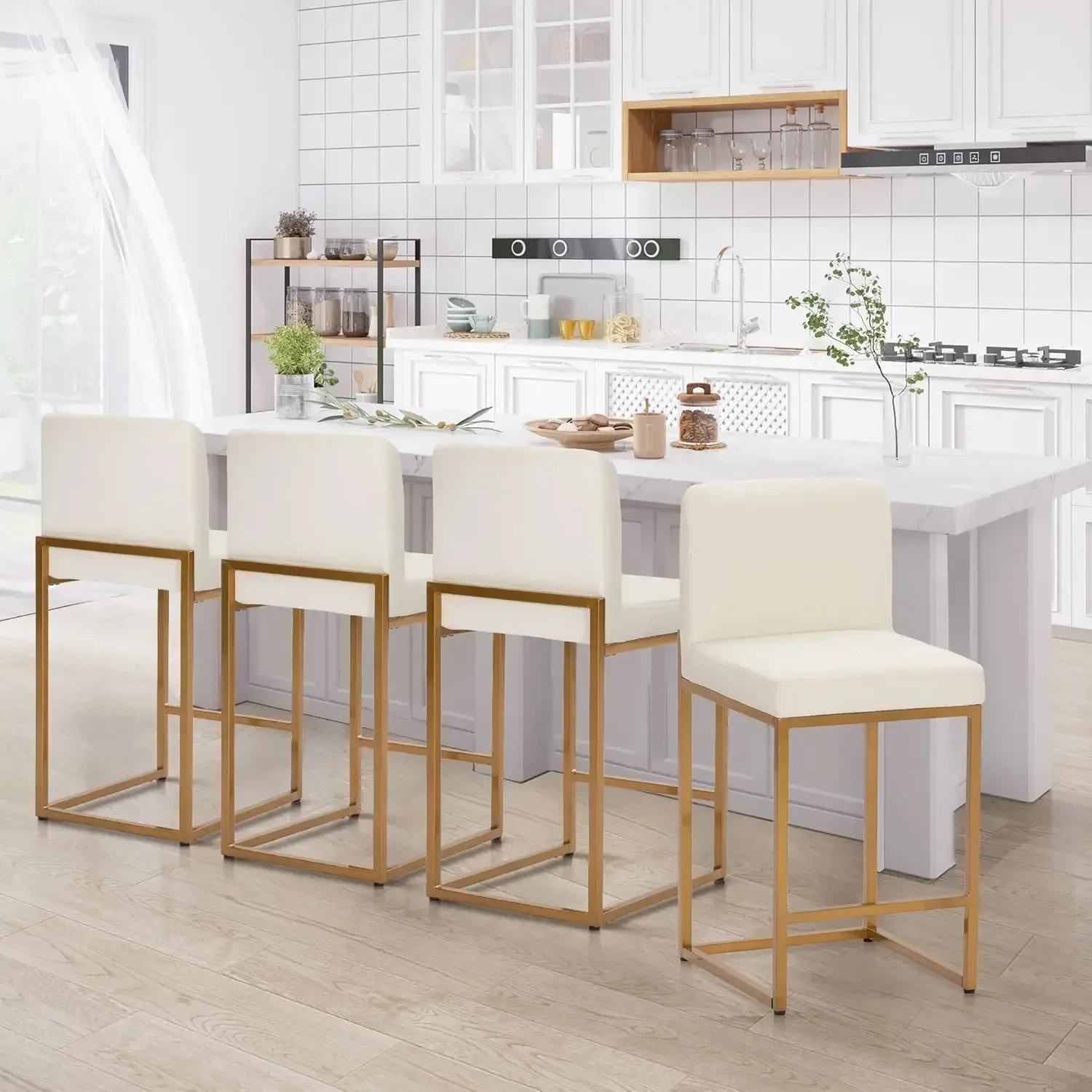 White & Gold Counter Height Bar Stools Set of 4 with Backs PU Leather 24 Inch, Custom
White & Gold Counter Height Bar Stools Set of 4 with Backs PU Leather 24 Inch, Custom