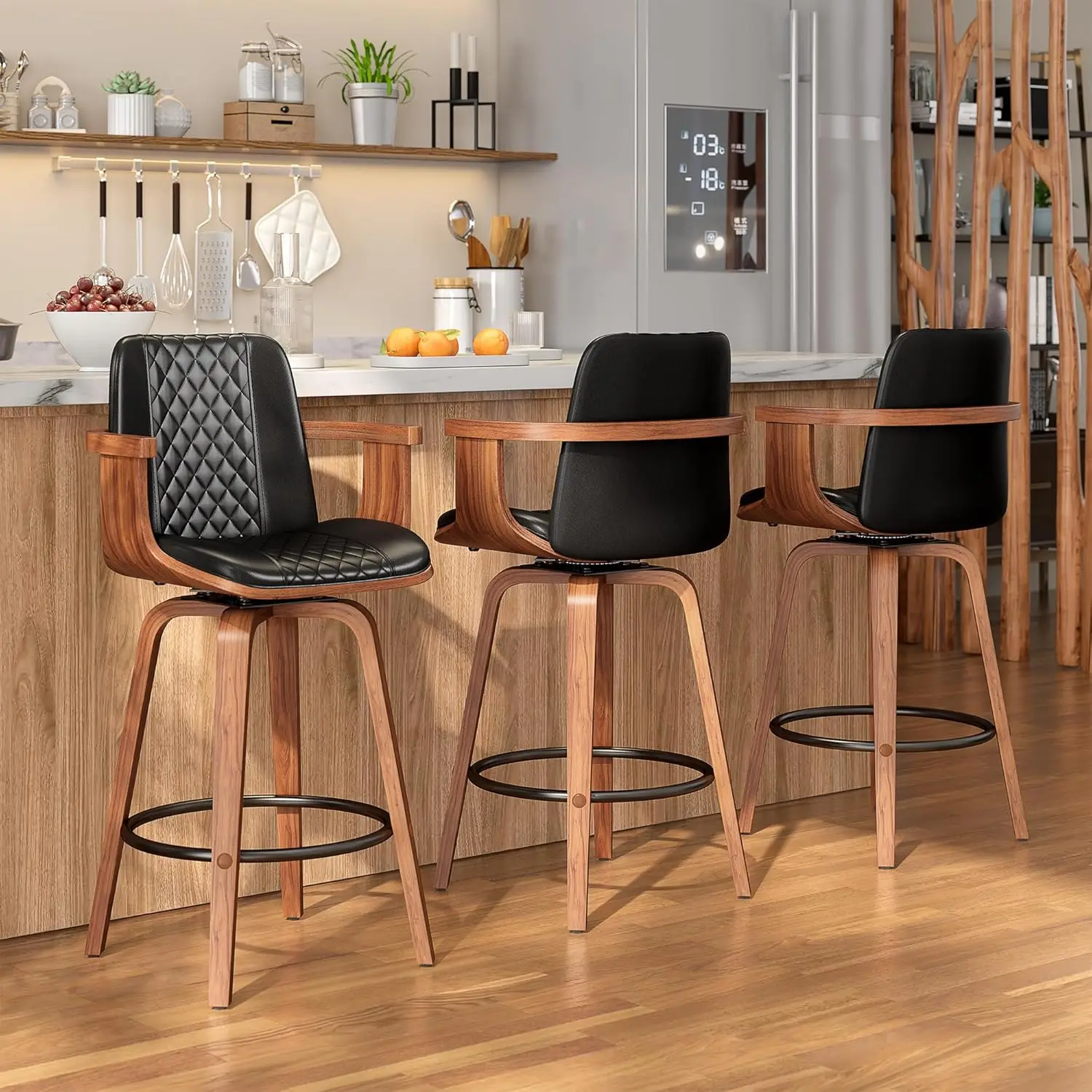 Swivel Bar Stools Set Of 3, 26 Inch Bar Height Barstools With Arms And High Back, Upholstered PU Leather Counter, Customized
Swivel Bar Stools Set Of 3, 26 Inch Bar Height Barstools With Arms And High Back, Upholstered PU Leather Counter, Customized