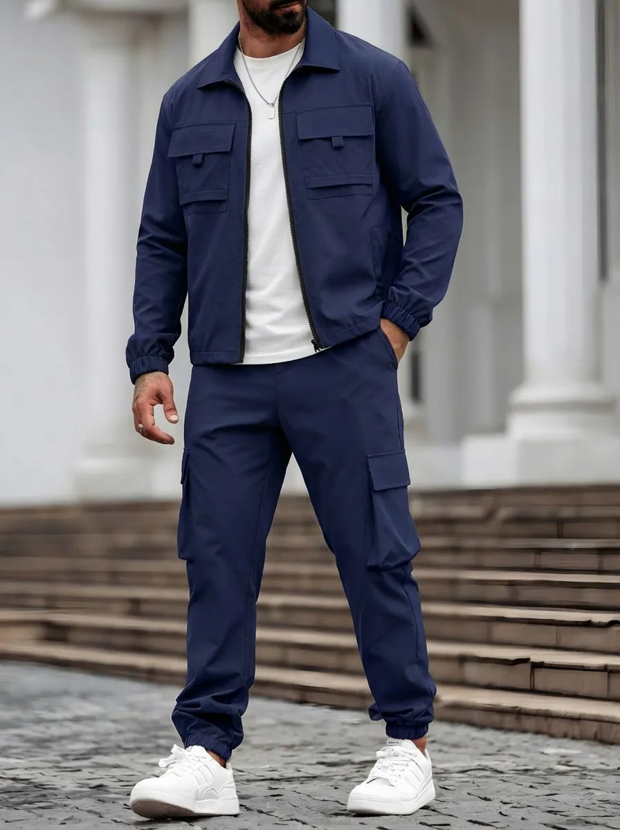 The men's stylish zipper coat and long pants set combines the elements of tactical casual style and sportswear collection.
The men's stylish zipper coat and long pants set combines the elements of tactical casual style and sportswear collection.