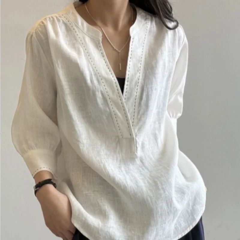 Elegant Thin Cotton Linen V-Neck Short Sleeve Shirt Women's Summer New plus Size Big MM Old Money Style Top Casual Wear
Elegant Thin Cotton Linen V-Neck Short Sleeve Shirt Women's Summer New plus Size Big MM Old Money Style Top Casual Wear