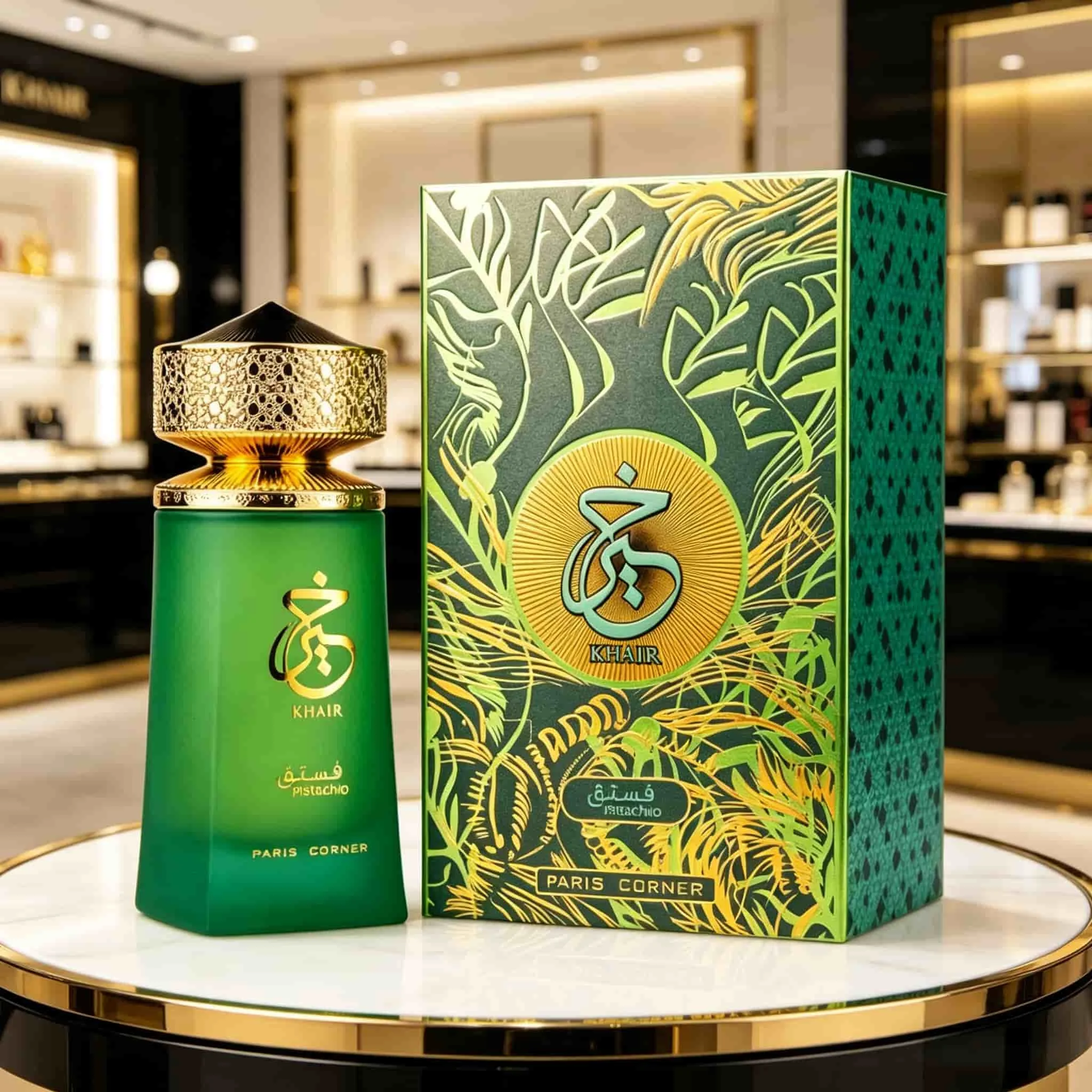 Paris Corner Khair Pistachio EDP | Matte green bottle with gold filigree cap, rich gourmand-woody notes, opulent vibe
Paris Corner Khair Pistachio EDP | Matte green bottle with gold filigree cap, rich gourmand-woody notes, opulent vibe