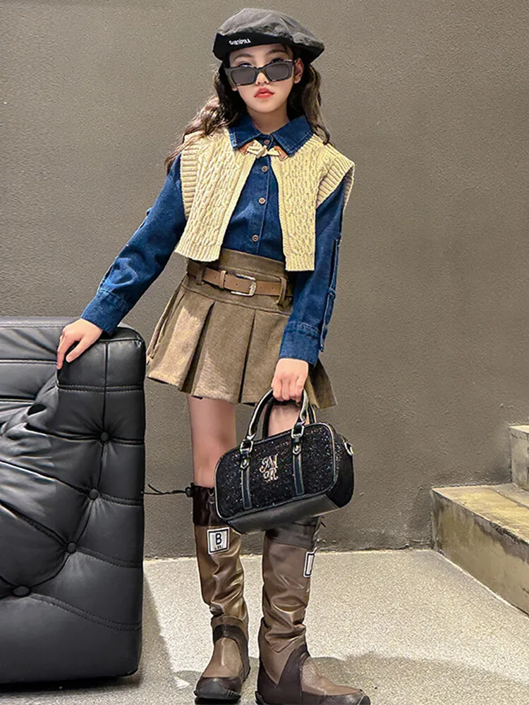 Girls Suits Spring and Autumn Suit Korean Casual Girl Denim Shirt Skirt Sweater Vest Three-piece Set European Fashion Style
Girls Suits Spring and Autumn Suit Korean Casual Girl Denim Shirt Skirt Sweater Vest Three-piece Set European Fashion Style