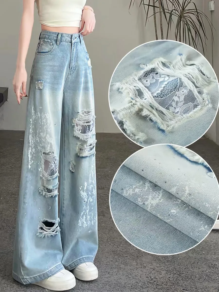 Ripped Lace Wide Leg Pants Women Summer Thin New Style Popular Spicy Girl Casual Low Waist Denim Jeans
Ripped Lace Wide Leg Pants Women Summer Thin New Style Popular Spicy Girl Casual Low Waist Denim Jeans