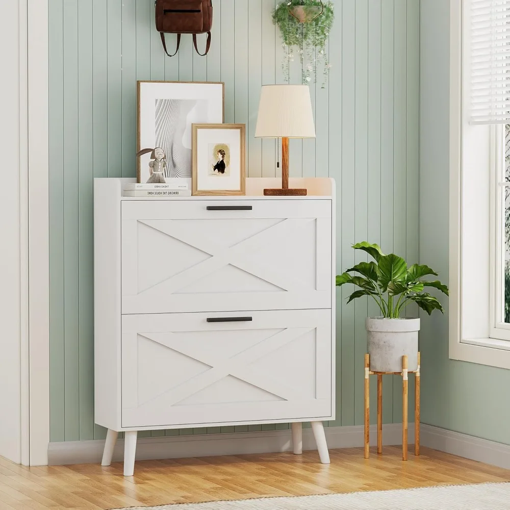 Farmhouse Shoe Storage Cabinet with 2 Flip Drawers and Barn Door Design, Adjustable Shelves, Modern Hidden Slim Narrow
Farmhouse Shoe Storage Cabinet with 2 Flip Drawers and Barn Door Design, Adjustable Shelves, Modern Hidden Slim Narrow