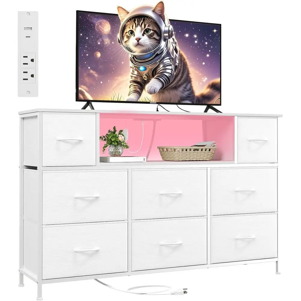 White TV Stand, Drer or Bedroom or 55 inch TV with Charging Station and LED Lights, Media ole Table with 8 Ders, Open Shel, Adju
White TV Stand, Drer or Bedroom or 55 inch TV with Charging Station and LED Lights, Media ole Table with 8 Ders, Open Shel, Adju