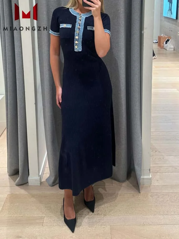 High Quality Knitted Denim Spliced Maxi Dress Women O Neck Robe 2025 Summer New Short Sleeve Slim Elegant Luxury Party Dresses
High Quality Knitted Denim Spliced Maxi Dress Women O Neck Robe 2025 Summer New Short Sleeve Slim Elegant Luxury Party Dresses