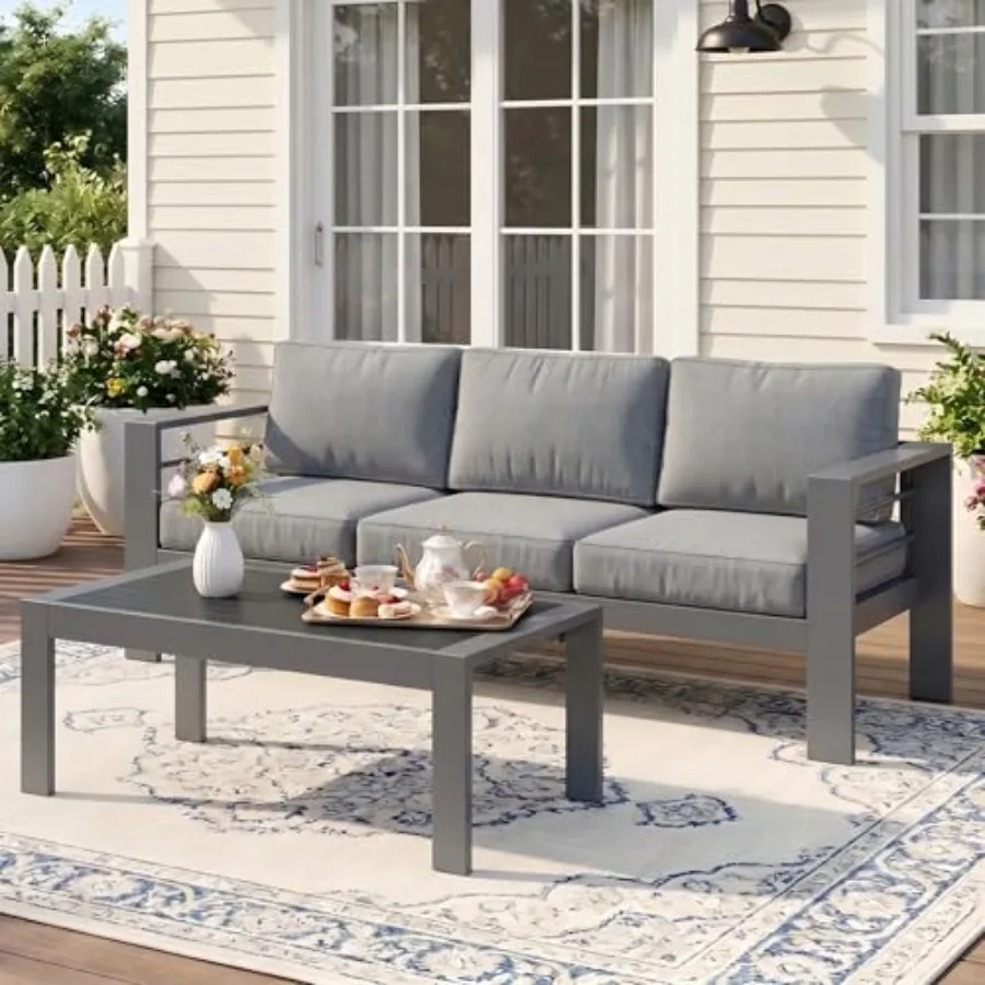 Outdoor aluminum 2-piece patio furniture set with all-weather cushions: sofa and coffee table in gray, ideal for balcony, deck,
Outdoor aluminum 2-piece patio furniture set with all-weather cushions: sofa and coffee table in gray, ideal for balcony, deck,