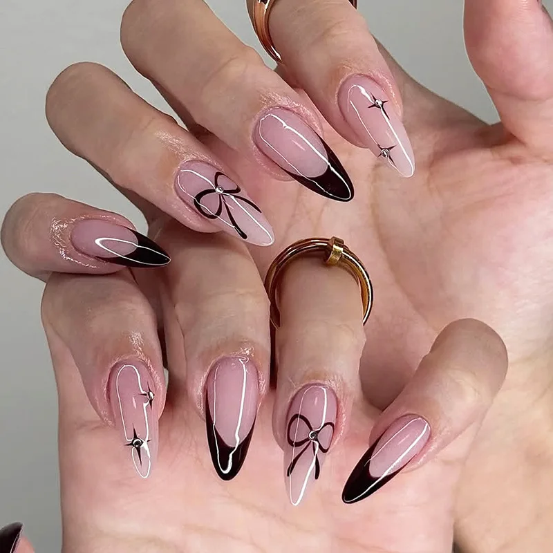 24pcs Bow Rhinestone False Nails Black French Tips Long Almond Fake Nail with Starlight Design Press on Nails Acrylic Manicure
24pcs Bow Rhinestone False Nails Black French Tips Long Almond Fake Nail with Starlight Design Press on Nails Acrylic Manicure