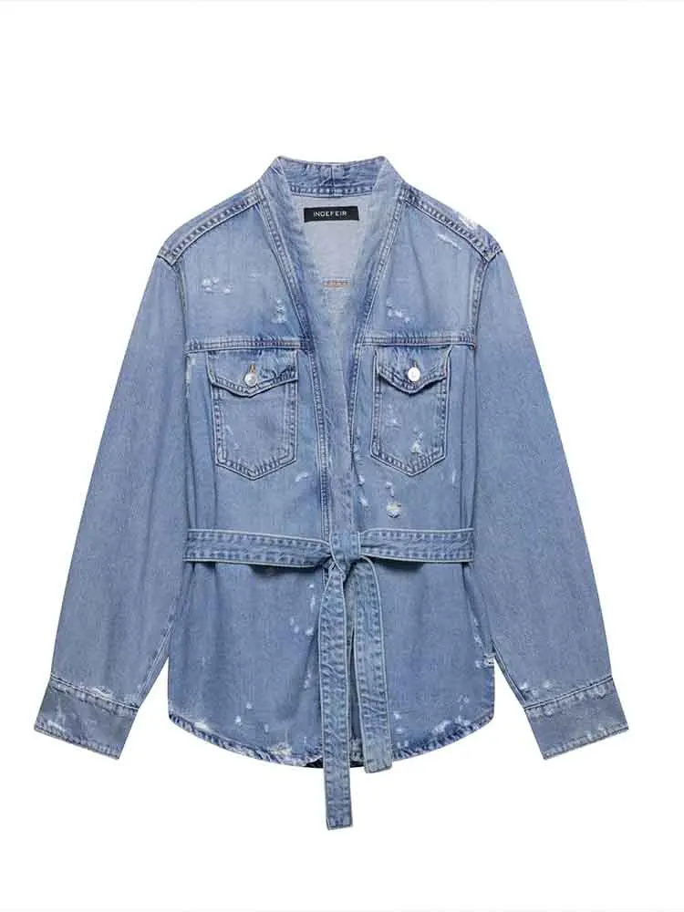 European style new women's fashion versatile temperament ripped decoration V-neck long-sleeved denim shirt jacket 
European style new women's fashion versatile temperament ripped decoration V-neck long-sleeved denim shirt jacket