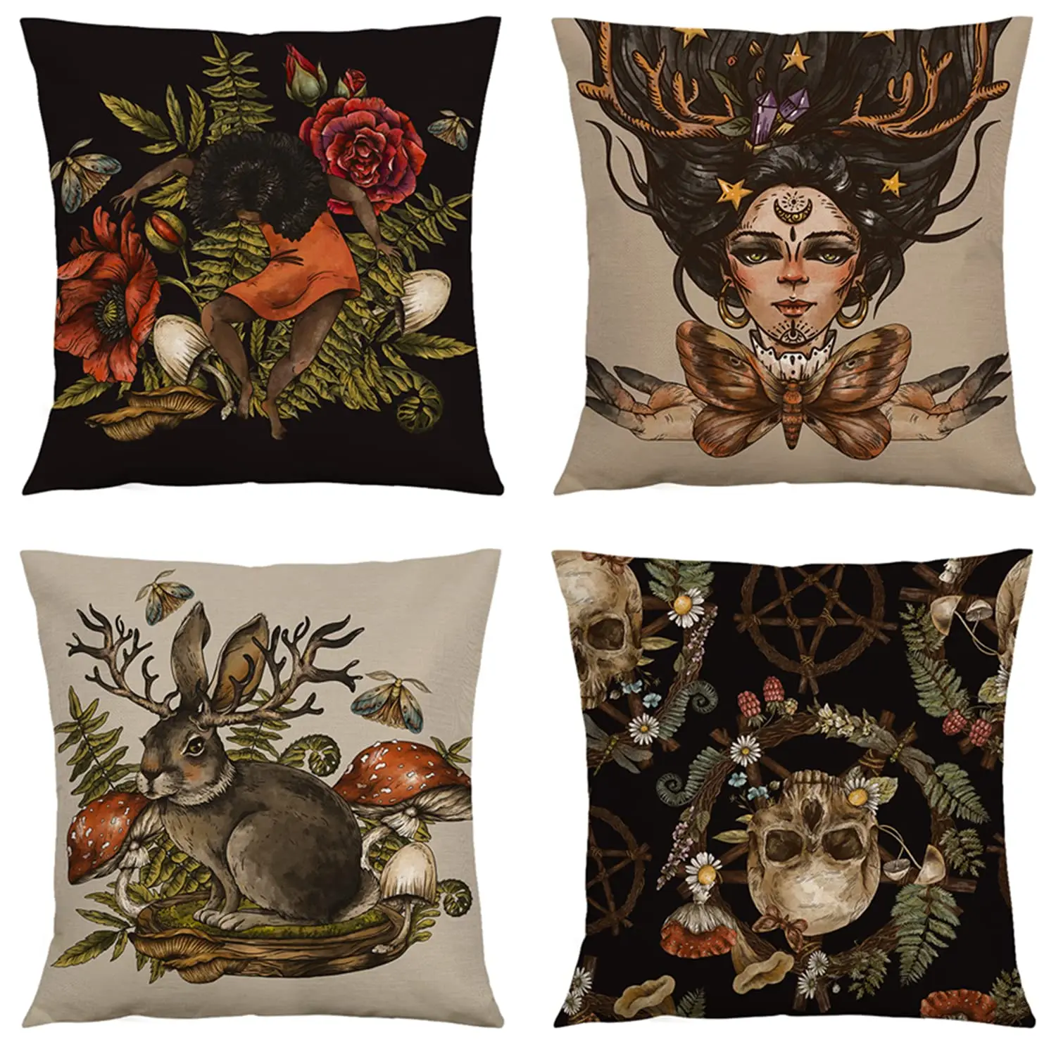 Mystery Witchy Decor Pillow Covers 18x18 Set of 4, Skull Moth Hands Dancing Magic Girl Horns Hare Mushroom Linen Pillow Cases
Mystery Witchy Decor Pillow Covers 18x18 Set of 4, Skull Moth Hands Dancing Magic Girl Horns Hare Mushroom Linen Pillow Cases