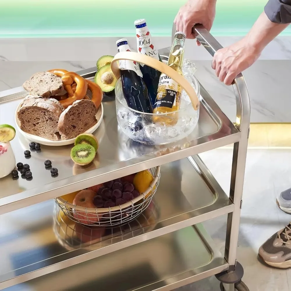 30" L x 16" W x 33" H Stainless Rolling Serving Trolley, w/3 Tiered Shelf &Casters Brake Wheel, for restaurants/hotels
30" L x 16" W x 33" H Stainless Rolling Serving Trolley, w/3 Tiered Shelf &Casters Brake Wheel, for restaurants/hotels