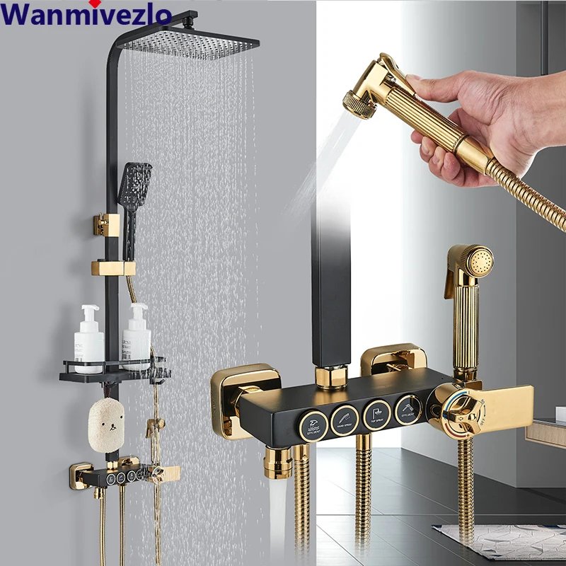 Black Gold Brass Rainfall Shower Faucet Set Stainless Steel Liftable Shower Hot Cold Mixed Water Bathtub Mixer System
Black Gold Brass Rainfall Shower Faucet Set Stainless Steel Liftable Shower Hot Cold Mixed Water Bathtub Mixer System