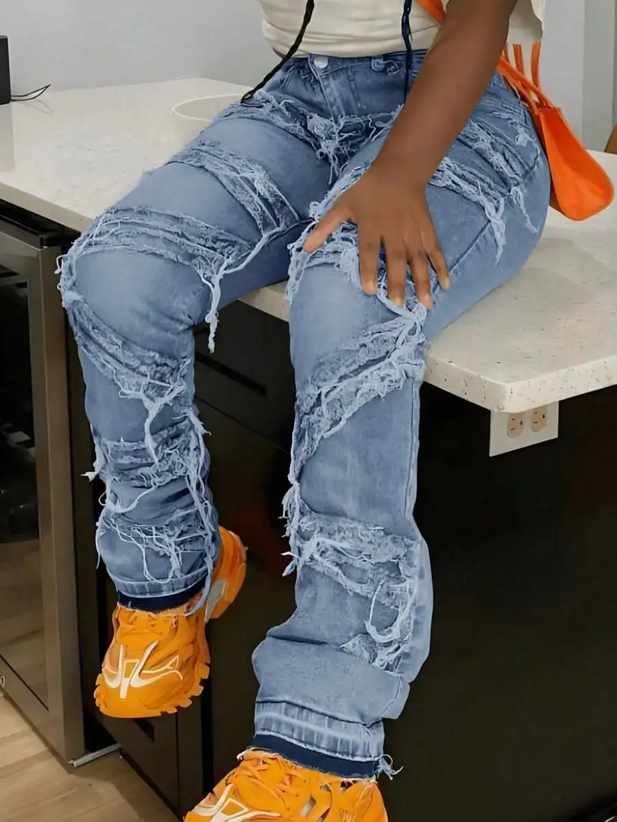 Distressed Denim Jeans With Diagonal Pockets Frayed Hem And Fringe Design Women Casual Streetwear
Distressed Denim Jeans With Diagonal Pockets Frayed Hem And Fringe Design Women Casual Streetwear