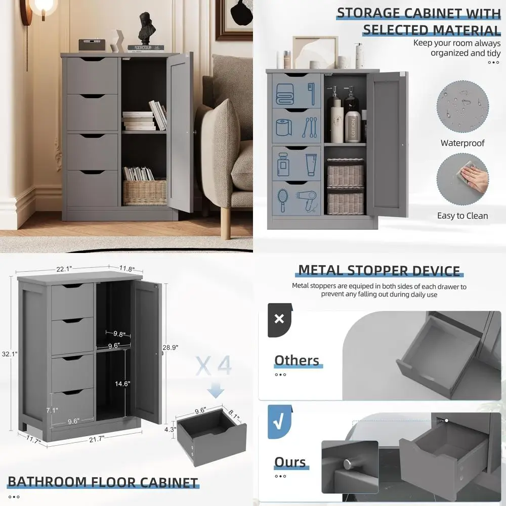 Gray Wooden 4-Shelf Bathroom Storage Cabinet with Cupboard and Adjustable Shelves
Gray Wooden 4-Shelf Bathroom Storage Cabinet with Cupboard and Adjustable Shelves