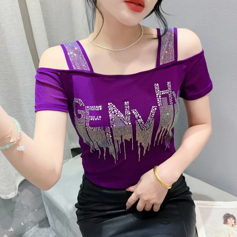 High Quality New Summer Sexy Off Shoulder Ladies T-Shirt Chic Slim Hot Diamonds Tees Elegant Short Sleeved Luxury Tops For Woman
High Quality New Summer Sexy Off Shoulder Ladies T-Shirt Chic Slim Hot Diamonds Tees Elegant Short Sleeved Luxury Tops For Woman