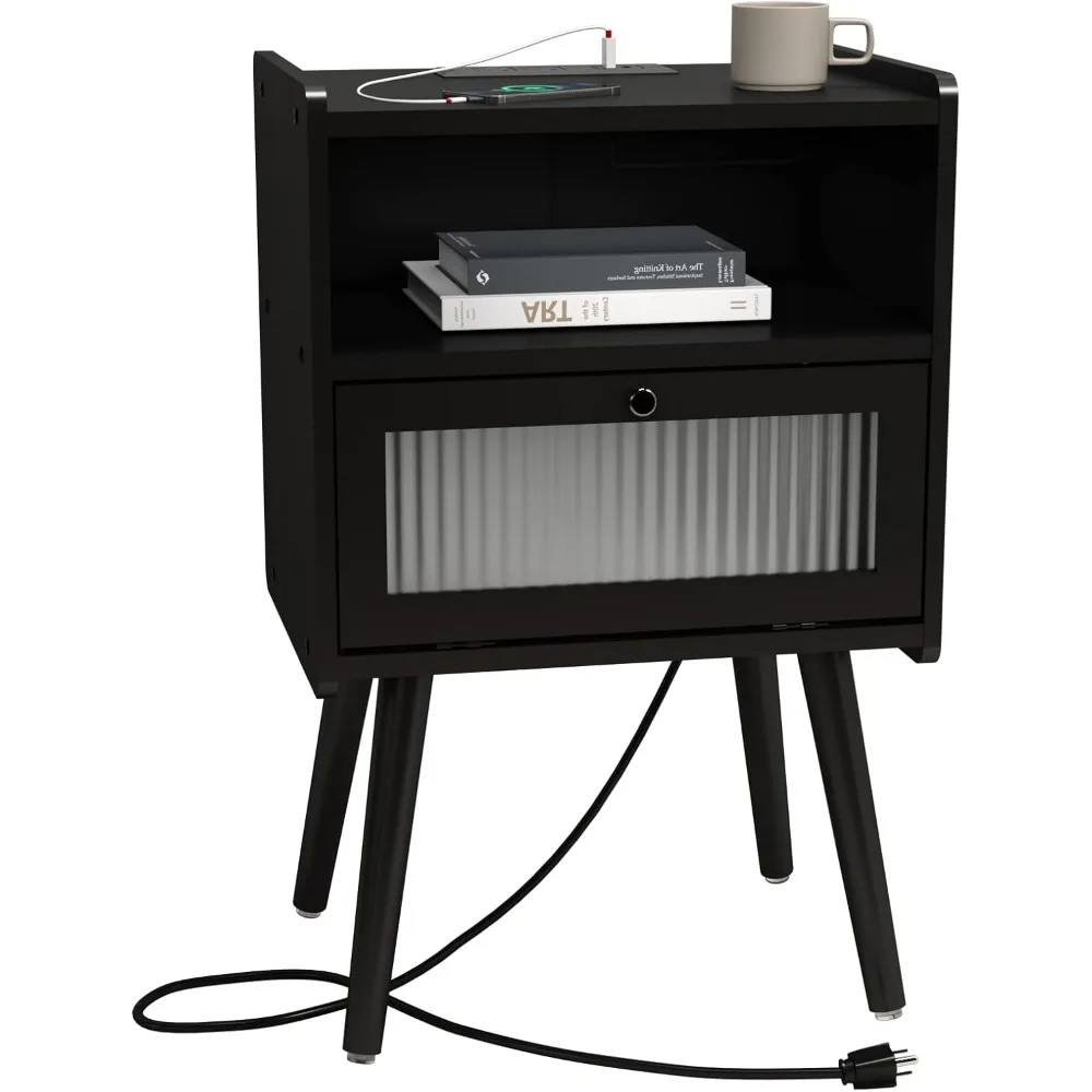 Mid Century Modern Nightstand with Charging Station, Bedside Tables with Glass Decorative Door, End Table Side Table, Black
Mid Century Modern Nightstand with Charging Station, Bedside Tables with Glass Decorative Door, End Table Side Table, Black