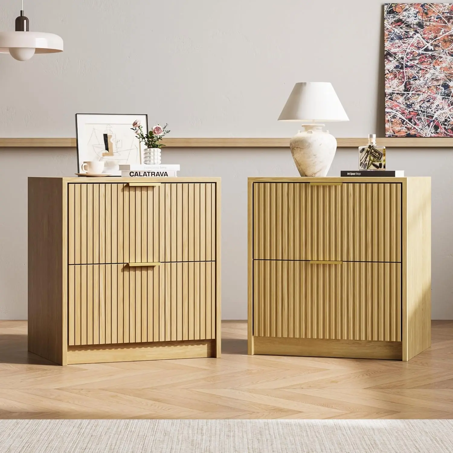 Fluted Nightstands Set of 2 with 2 Drawers, 19.6' Modern Storage Bedside Table with Golden Metal Handles, Nature
Fluted Nightstands Set of 2 with 2 Drawers, 19.6' Modern Storage Bedside Table with Golden Metal Handles, Nature
