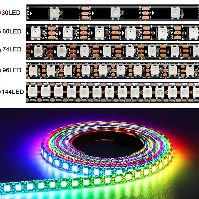 Светодиодная лента WS2812B WS2812 Smart 5050 RGB, 5 в постоянного тока, индивидуальная фотолента 30/60/96/144 пикселей/м, черная/белая печатная плата IP30/65/67
Светодиодная лента WS2812B WS2812 Smart 5050 RGB, 5 в постоянного тока, индивидуальная фотолента 30/60/96/144 пикселей/м, черная/белая печатная плата IP30/65/67
