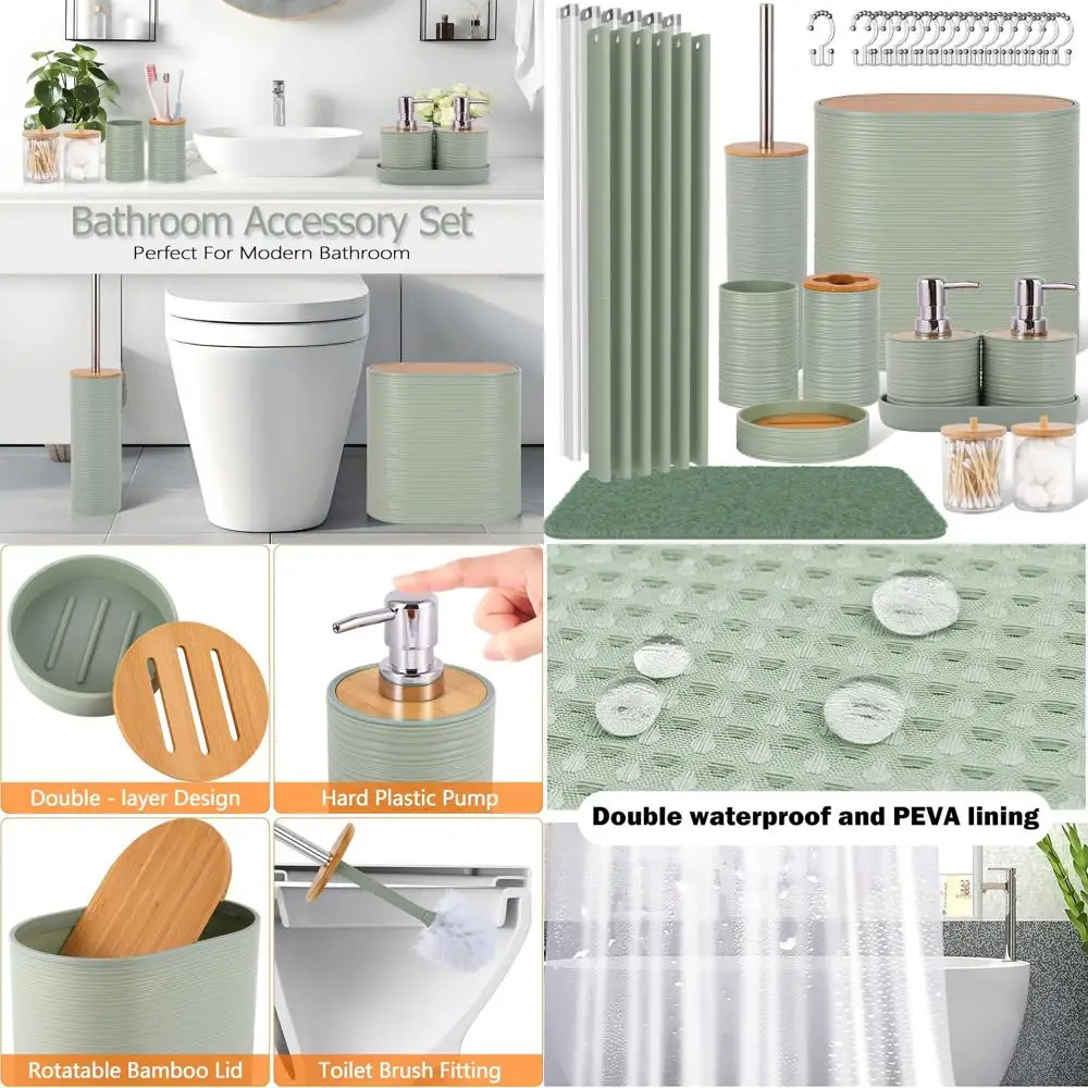 Complete 25-Piece Light Green Bathroom Accessory Set: Shower Curtain, Rug, Trash Bin, Holders & More
Complete 25-Piece Light Green Bathroom Accessory Set: Shower Curtain, Rug, Trash Bin, Holders & More