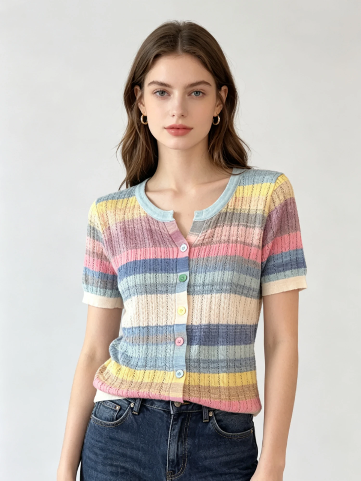 Women's V-neck Rainbow Striped T-shirt Short Sleeve Knit T-shirt Cardigan Korean Style Y2K Gyaru Sweet Tee Top for Women Summer
Women's V-neck Rainbow Striped T-shirt Short Sleeve Knit T-shirt Cardigan Korean Style Y2K Gyaru Sweet Tee Top for Women Summer