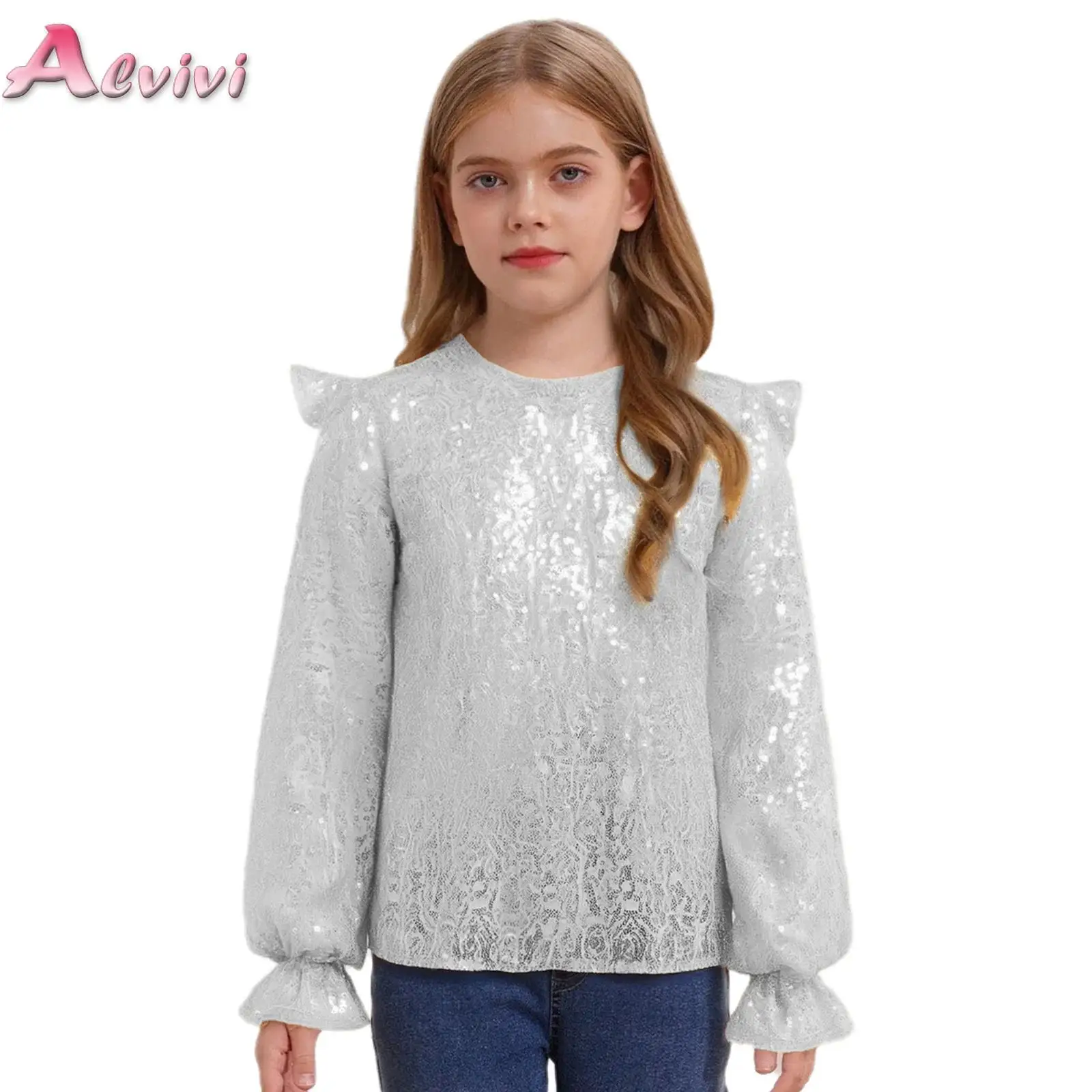 Kids Girls Sparkling Sequin Pullover Top Ruffled Long Sleeves Glittery Blouse for Birthday Wedding Party Dance Stage Performance
Kids Girls Sparkling Sequin Pullover Top Ruffled Long Sleeves Glittery Blouse for Birthday Wedding Party Dance Stage Performance