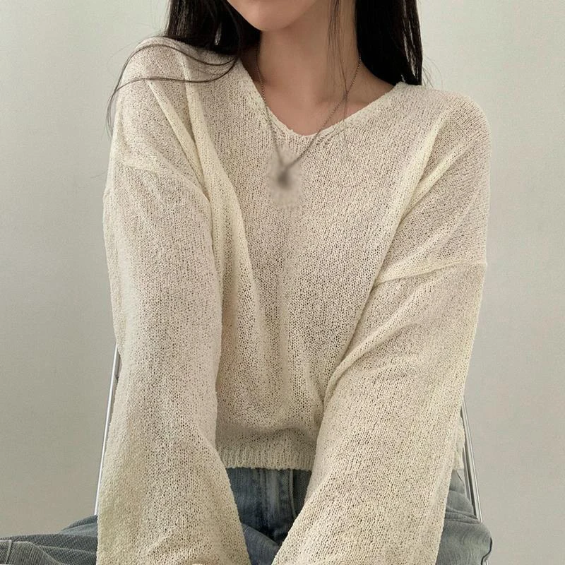 Long Sleeved Women's Sweater Sunscreen Cover Lazy Style Solid Color Knitted Thin Sweater V-neck Pullover Top
Long Sleeved Women's Sweater Sunscreen Cover Lazy Style Solid Color Knitted Thin Sweater V-neck Pullover Top