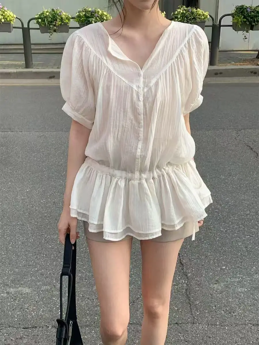 Women's V-neck Bubble Sleeve Shirt Gathered Waist Hemline Design Summer Slimming Midi Length Top Korean Style Commute Wind
Women's V-neck Bubble Sleeve Shirt Gathered Waist Hemline Design Summer Slimming Midi Length Top Korean Style Commute Wind