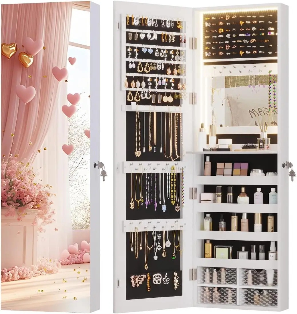 47.2" LED Jewelry Mirror Cabinet with Full Length Mirror, Wall/Door Mounted Organizer, 4 Drawers and 5 Shelves in White
47.2" LED Jewelry Mirror Cabinet with Full Length Mirror, Wall/Door Mounted Organizer, 4 Drawers and 5 Shelves in White