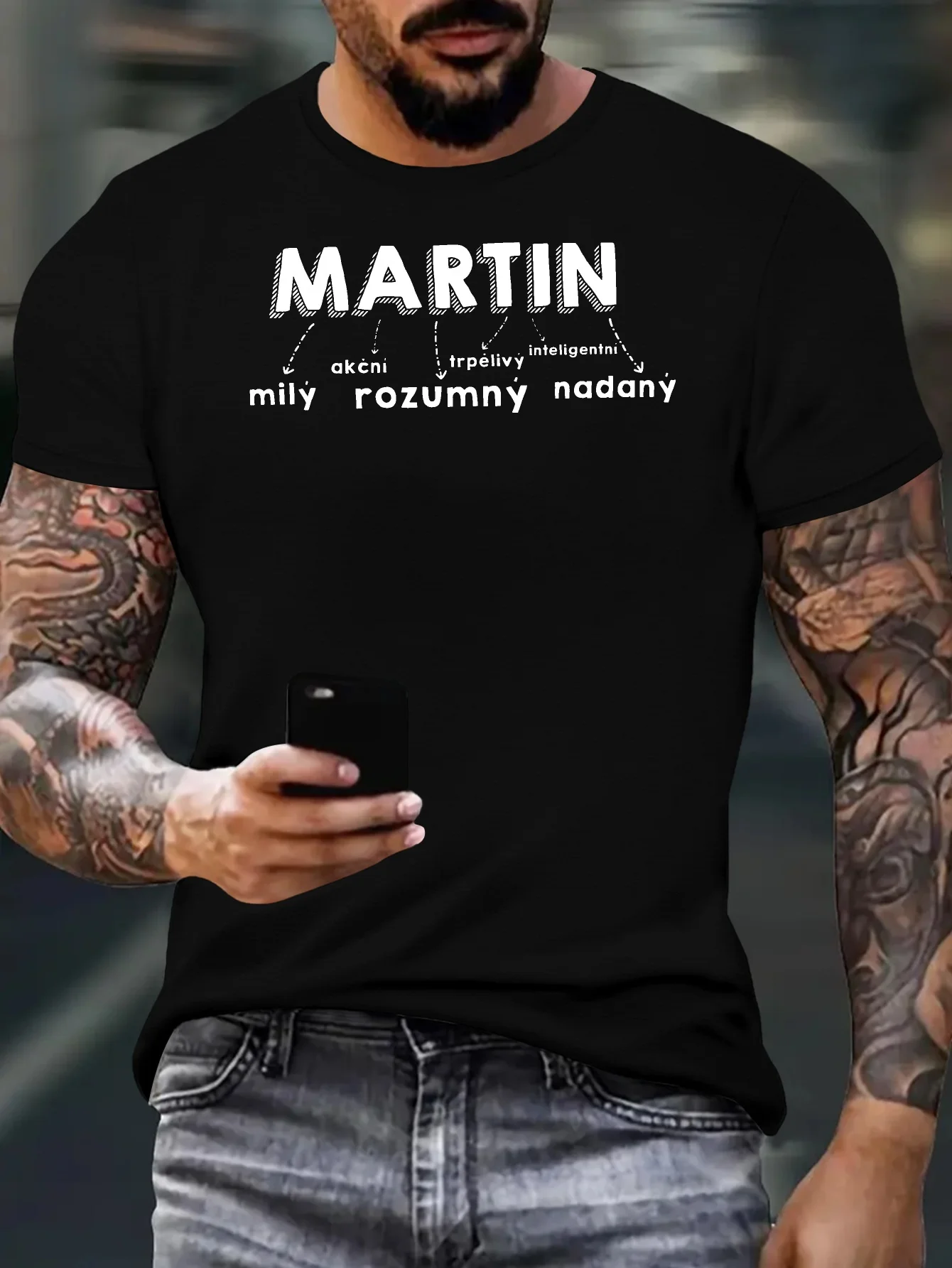 Men's Casual Short Sleeve Graphic Tee - "MARTIN" with "mily akční trpělivý inteligentní rozumný nadaný" Slogan Print Black Crew
Men's Casual Short Sleeve Graphic Tee - "MARTIN" with "mily akční trpělivý inteligentní rozumný nadaný" Slogan Print Black Crew