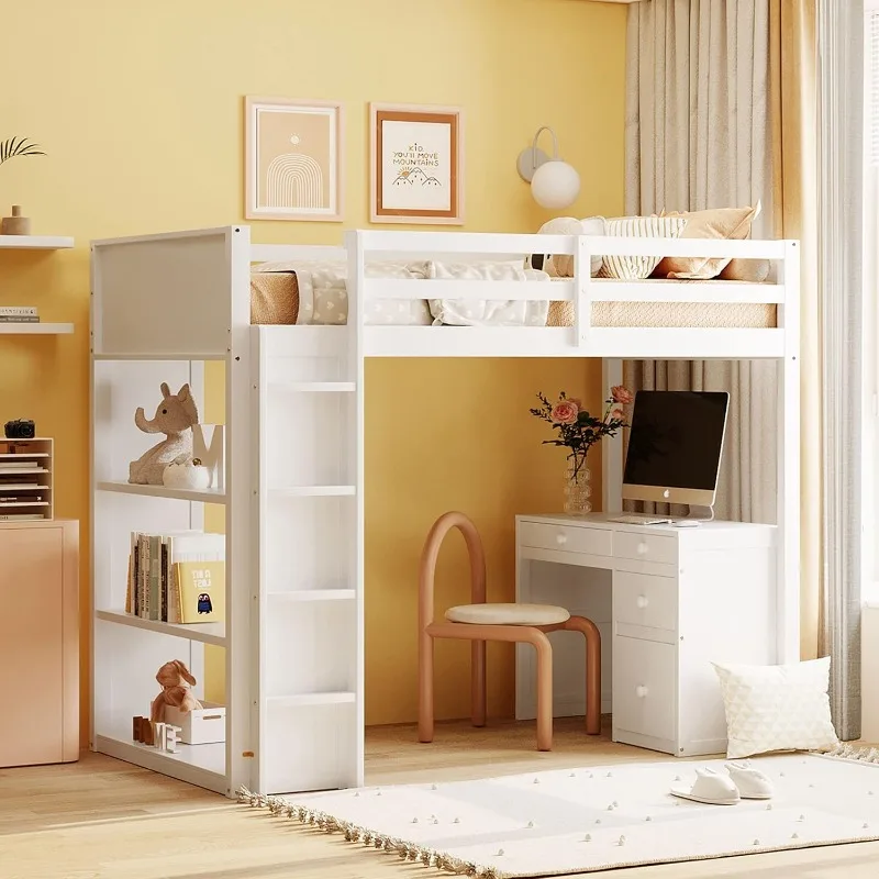 High Loft Bed, Twin Bed Frame with Ladder, Shelves and Desk, No Box Spring Needed, White
High Loft Bed, Twin Bed Frame with Ladder, Shelves and Desk, No Box Spring Needed, White