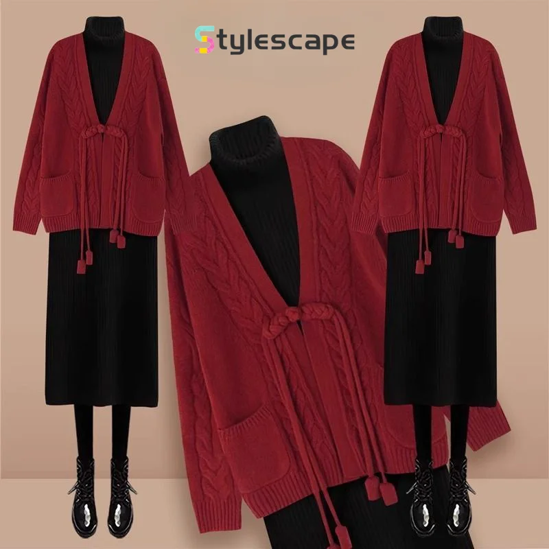 2024 Autumn and Winter Lazy Style Loose Thick Button Red Sweater Jacket Women's High Neck Knitted Dress Two-piece Set
2024 Autumn and Winter Lazy Style Loose Thick Button Red Sweater Jacket Women's High Neck Knitted Dress Two-piece Set
