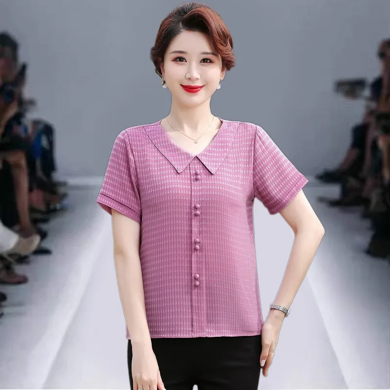 2023 Casual Fashion Plaid T-shirt Commute lapel Neck Middle-aged Women's Clothing Loose Summer Short Sleeve Pullovers Blouse
2023 Casual Fashion Plaid T-shirt Commute lapel Neck Middle-aged Women's Clothing Loose Summer Short Sleeve Pullovers Blouse