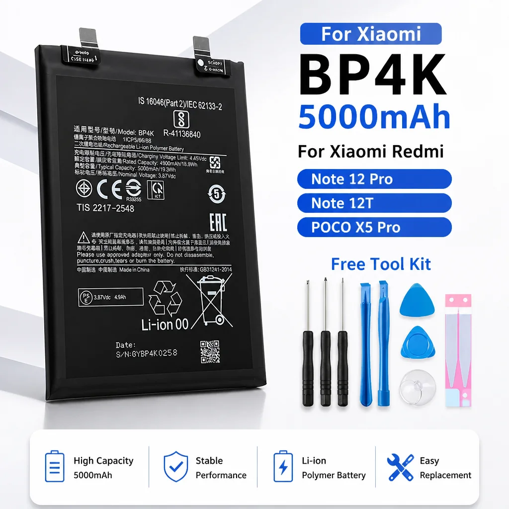 Premium Replacement Battery BP4K 5000mAh For Xiaomi Redmi Note 12 Pro Note 12T, For Poco X5 Pro Mobile Phone Repair Parts
Premium Replacement Battery BP4K 5000mAh For Xiaomi Redmi Note 12 Pro Note 12T, For Poco X5 Pro Mobile Phone Repair Parts