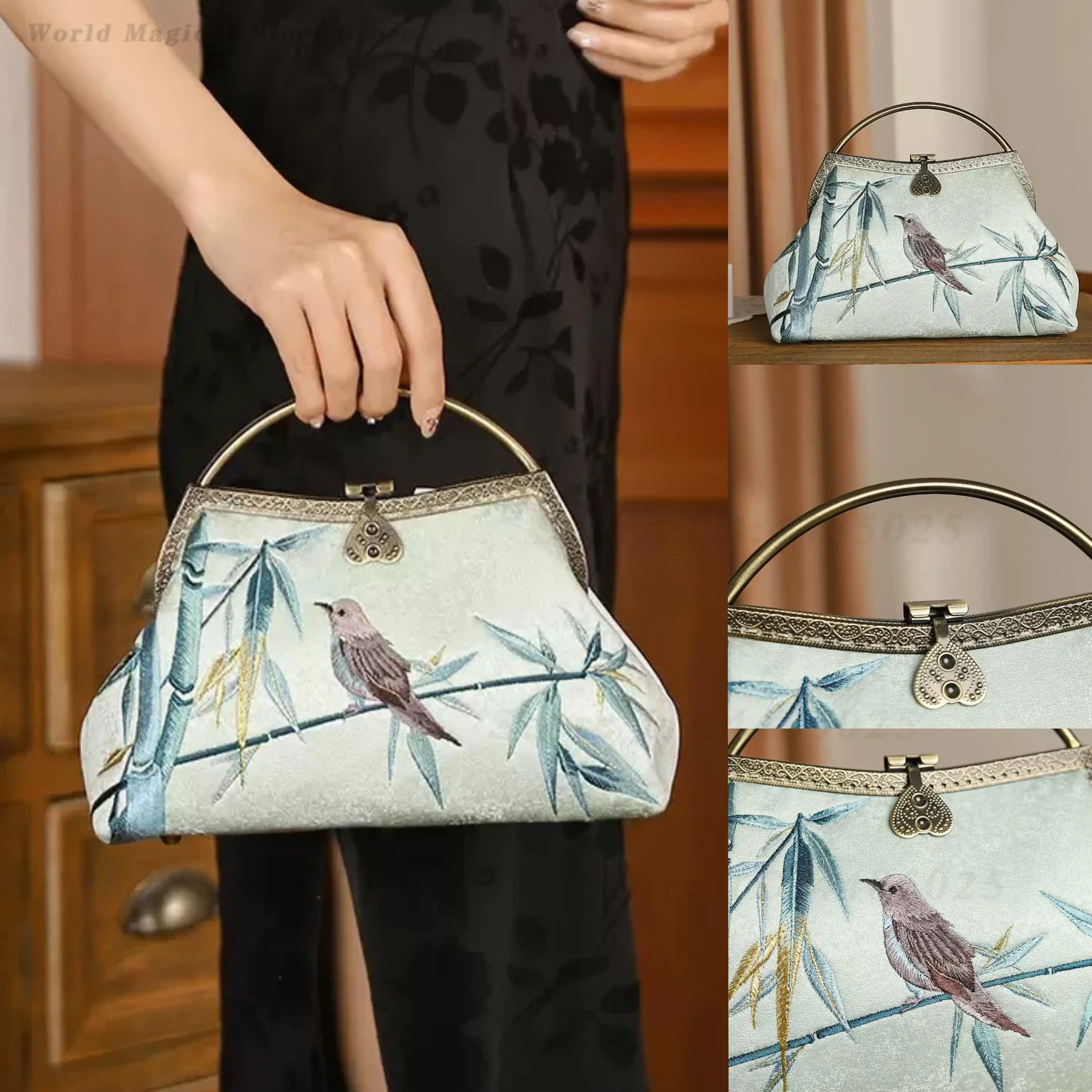 Bamboo & Bird Embroidery Handbag White Elegant Metal Handle Clutch Bag Chinese Style Purse for Cheongsam Hanfu Banquet Party
Bamboo & Bird Embroidery Handbag White Elegant Metal Handle Clutch Bag Chinese Style Purse for Cheongsam Hanfu Banquet Party